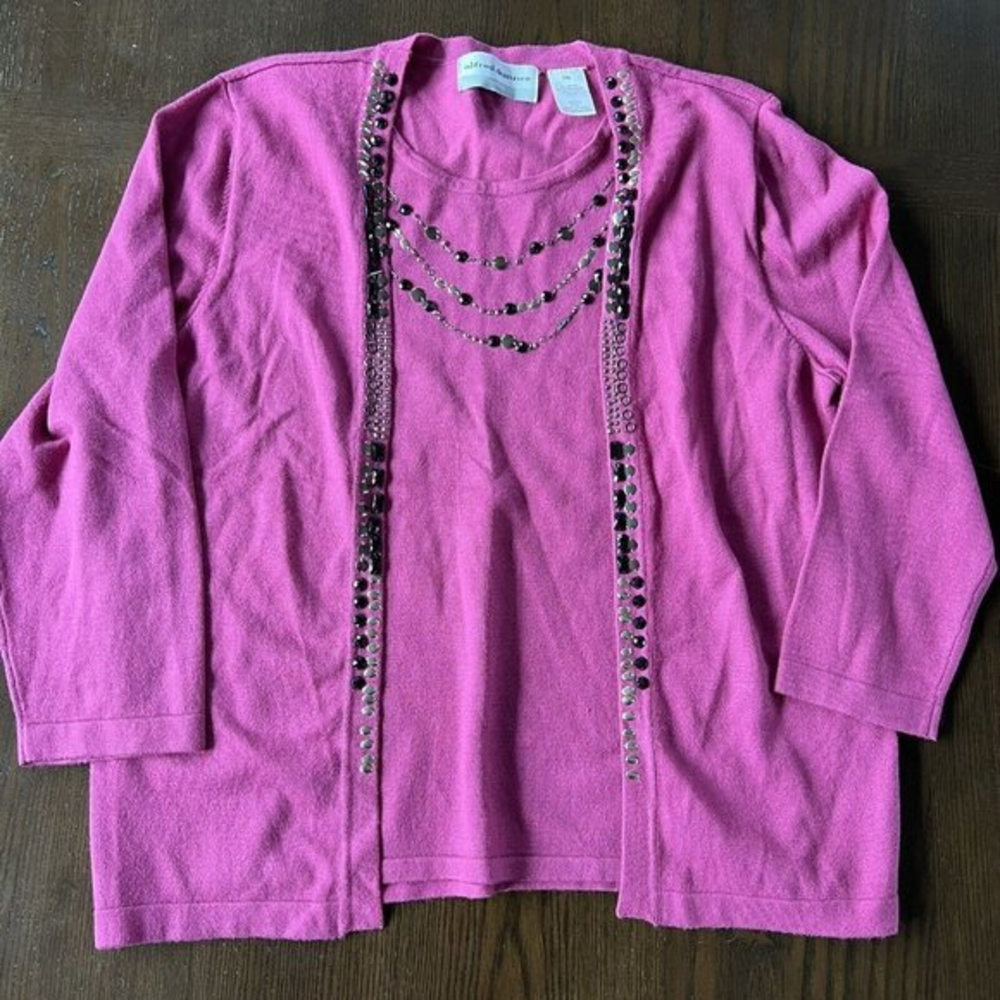 Alfred Dunner Petite Womens Size Petite‎ Medium Faux Twinset Sweater Set Purple